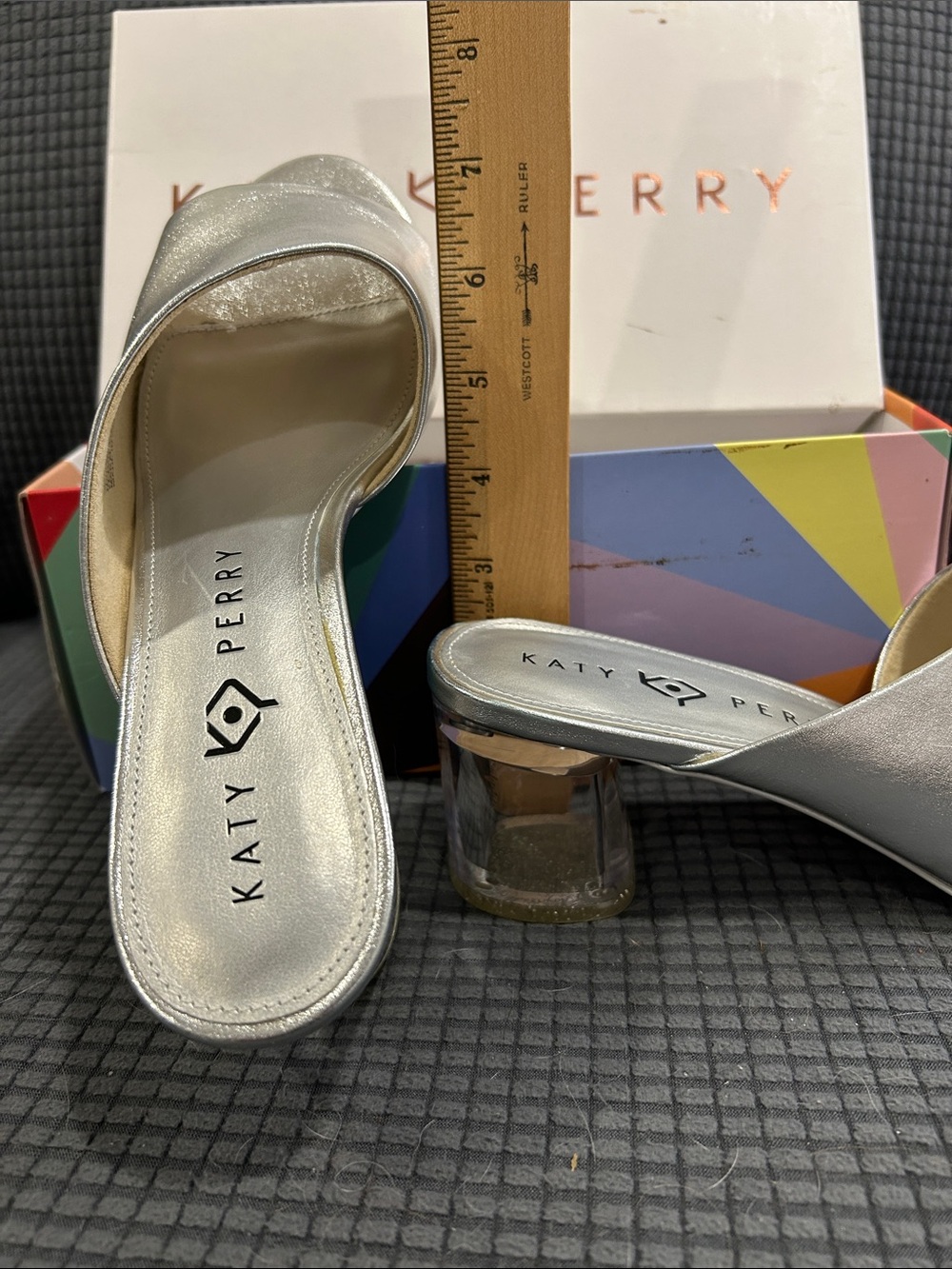KATY PERRY Collections Metallic Silver Clear Block Heel Mules. Size 8 - Picture 6 of 9